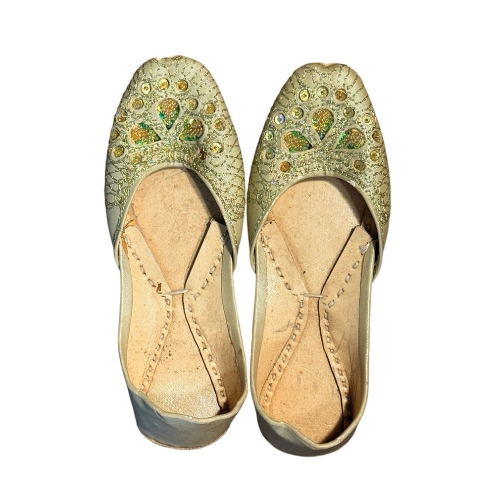 Vintage Women's Gold Embroidered Bead Moroccan Slip On Slipper Flats Size‎ 5.5-6
